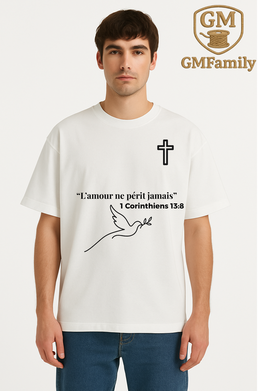 🕊️ T-shirt Oversize Foi & Grâce – "L’amour ne périt jamais." FULL NOIR