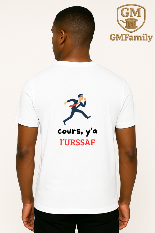 T-SHIRT « Cours, y’a l’Urssaf ! » – Unisexe – 100 % coton bio