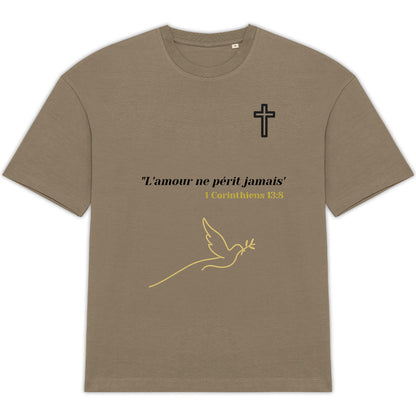 ?️ T-shirt Foi & Grâce – "L’amour ne périt jamais."